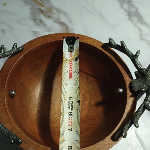 Rustic  Pewter Stag Head Handles Wooden Salad Bowl Western Hunting decor - Picture 4 of 15